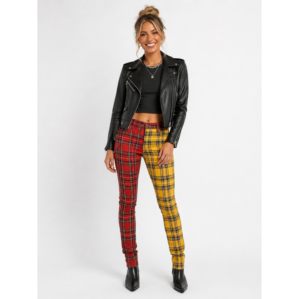 Tripp NYC Split Personality Jean Red Yellow Plaid Punk Skinny Pants Size 30